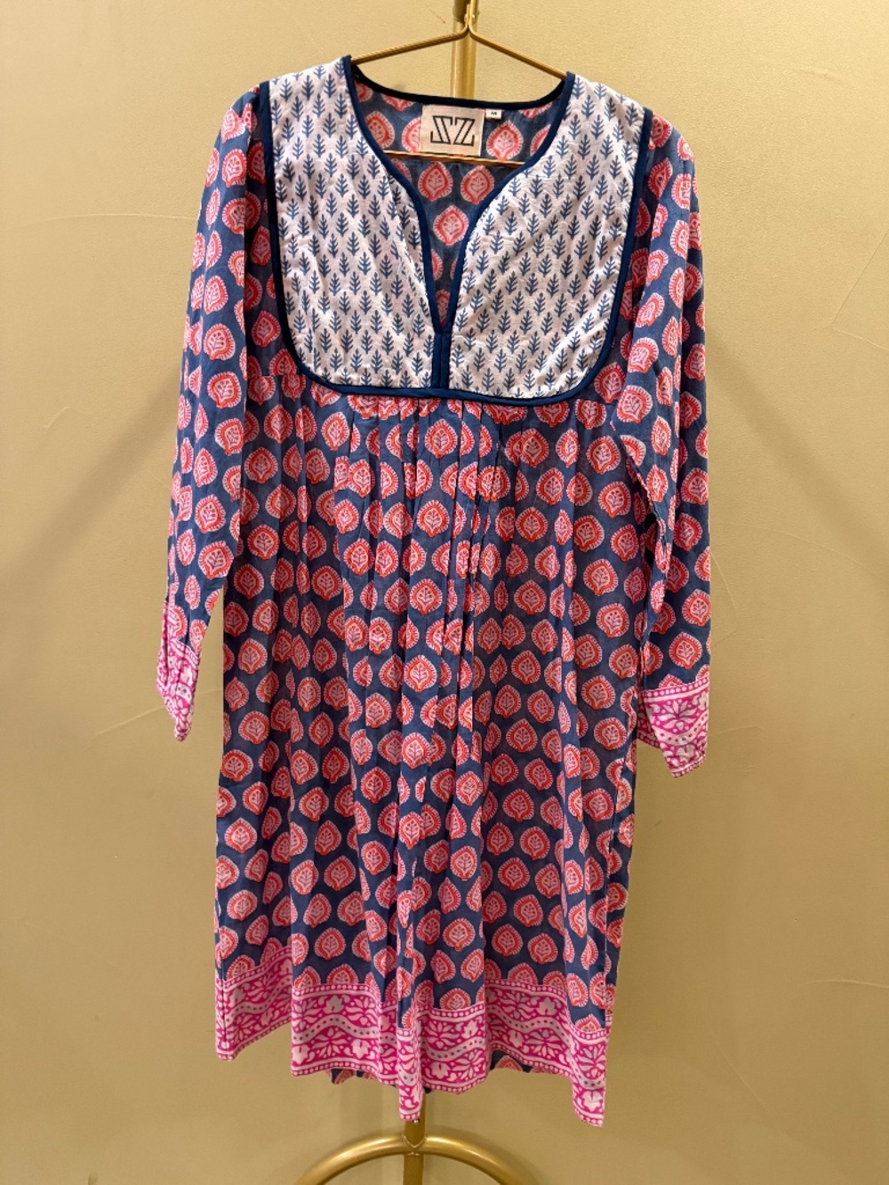 SZ Blockprints Printed Cotton Tunic Dress - Navy, Pink and Coral